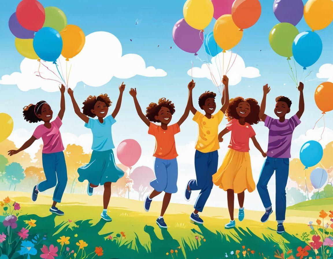 A vibrant landscape showcasing a series of people engaged in joyful activities, transitioning from cheerful moments like laughing children to ecstatic experiences such as people dancing in celebration. Include colorful balloons, joyful expressions, and bright sunlight to emphasize happiness. The background should blend smoothly from soft pastels to vibrant hues, symbolizing a journey. Illustration style: bright, colorful, and uplifting. cartoon style.
