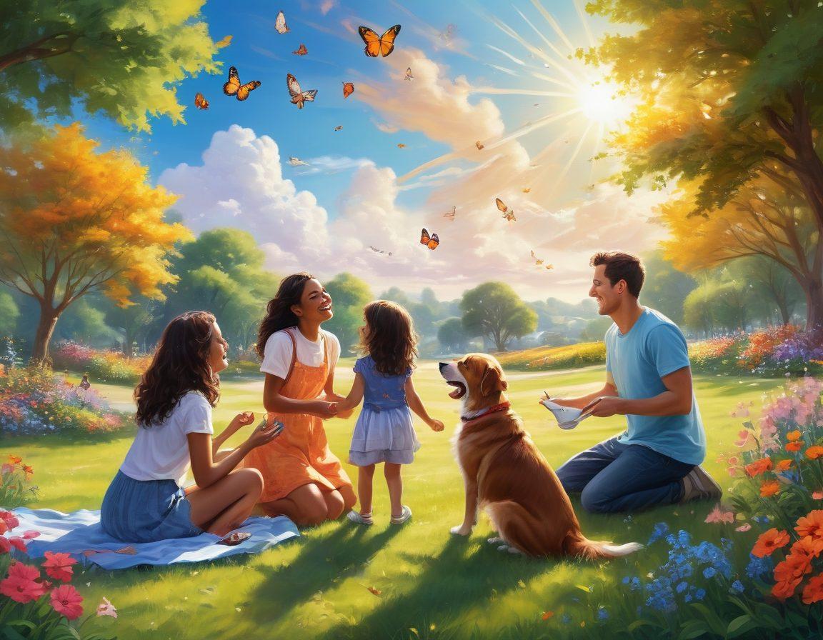 A vibrant scene capturing diverse individuals engaging in joyful activities: a family laughing in a sunlit park, friends sharing a picnic, an artist painting a colorful mural, and children playing with a dog. Surrounding them, flowers bloom and butterflies flutter, symbolizing happiness and growth. The background should feature a bright blue sky with fluffy clouds, emphasizing a sense of freedom and positivity. super-realistic. vibrant colors. sunny atmosphere.