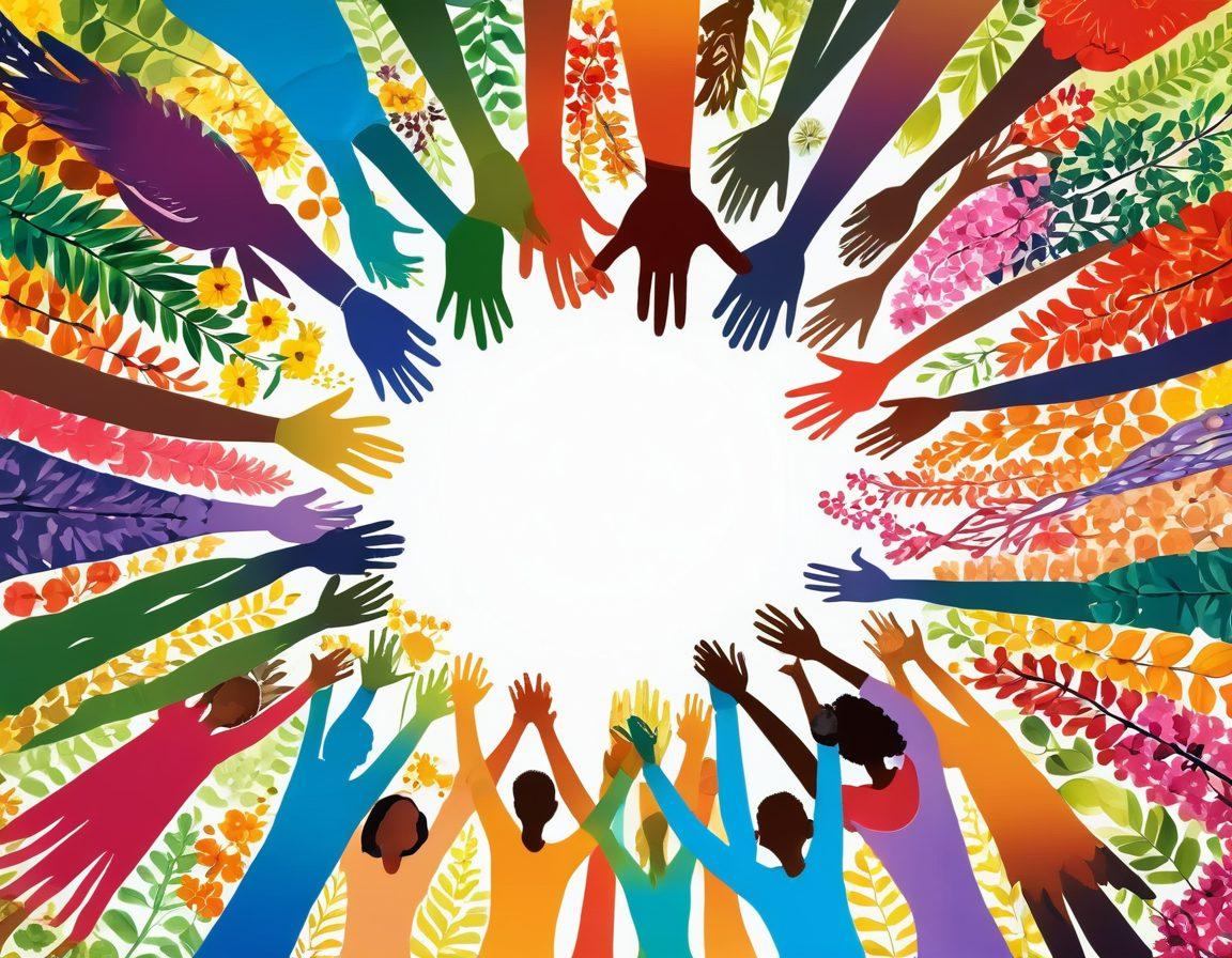 A vibrant circle made of diverse people holding hands, radiating colorful energy and smiles, surrounded by bright flowers and sunshine. Include elements of nature like trees and birds, symbolizing growth and harmony. The overall mood is joyful and uplifting, capturing the essence of positivity and fulfillment in life. super-realistic. vibrant colors. bright background.